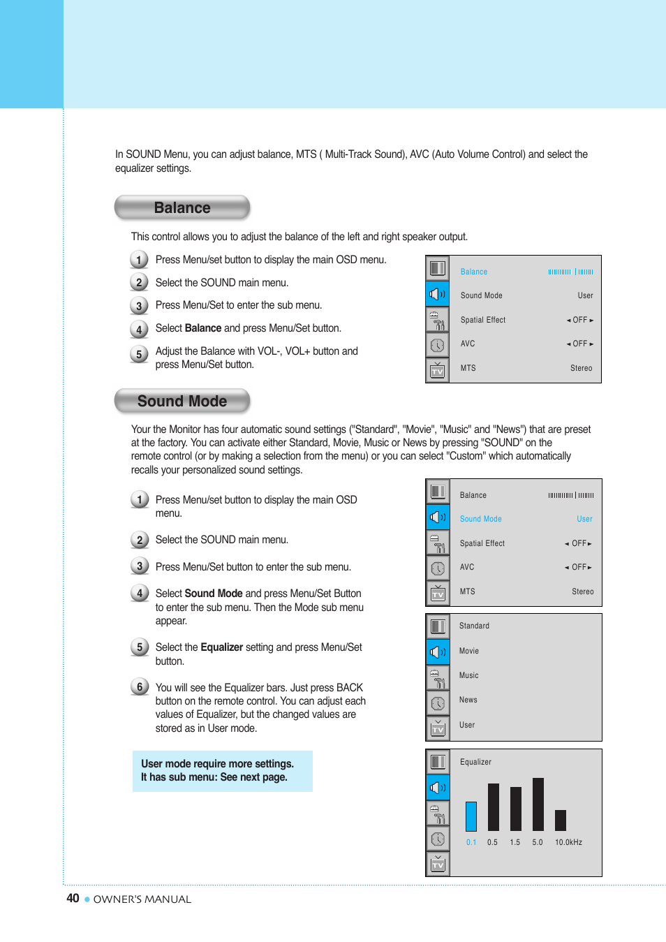 Setting the sound, Balance sound mode | InFocus TD40 PAL User Manual | Page 41 / 55