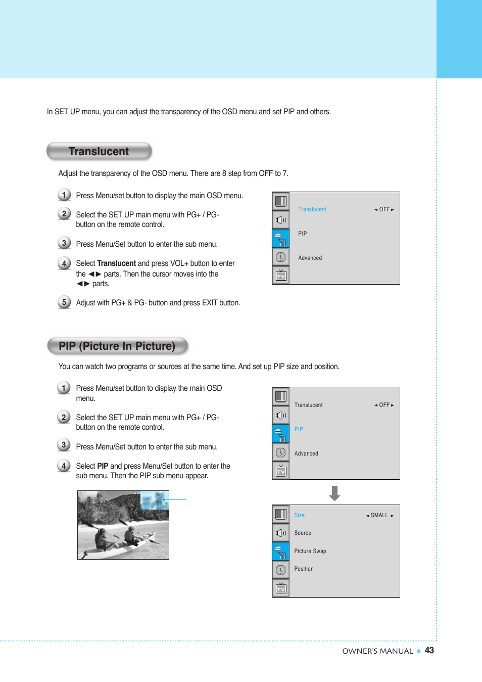 Setting the others, Translucent pip (picture in picture) | InFocus TD40 PAL User Manual | Page 44 / 55