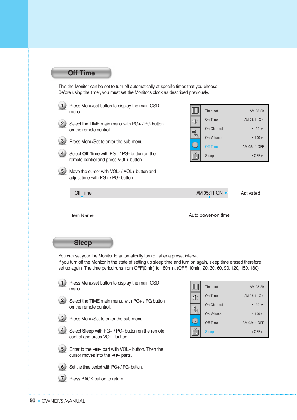 Setting the time, Off time sleep | InFocus TD40 PAL User Manual | Page 51 / 55
