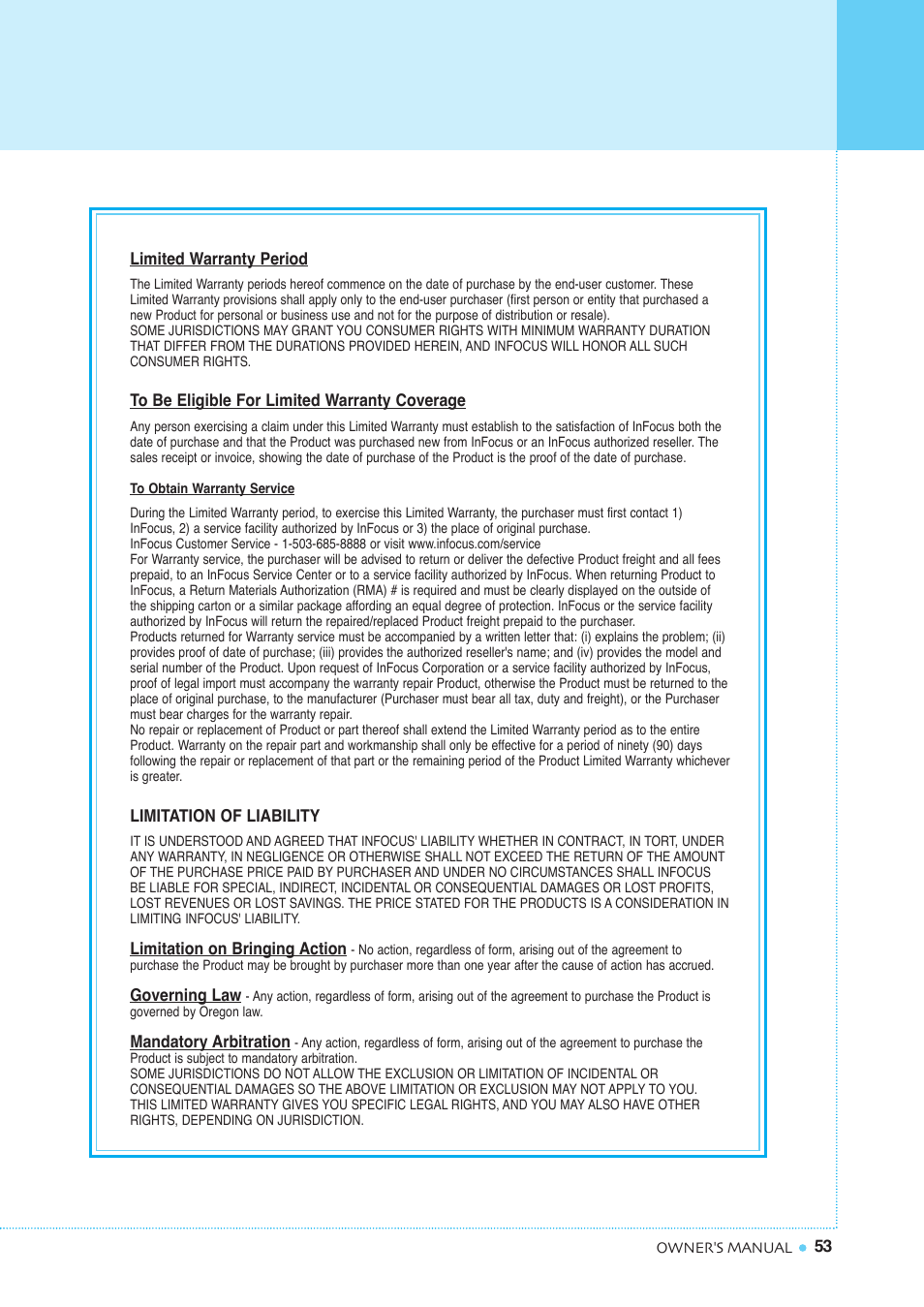 Warranty card | InFocus TD40 PAL User Manual | Page 54 / 55