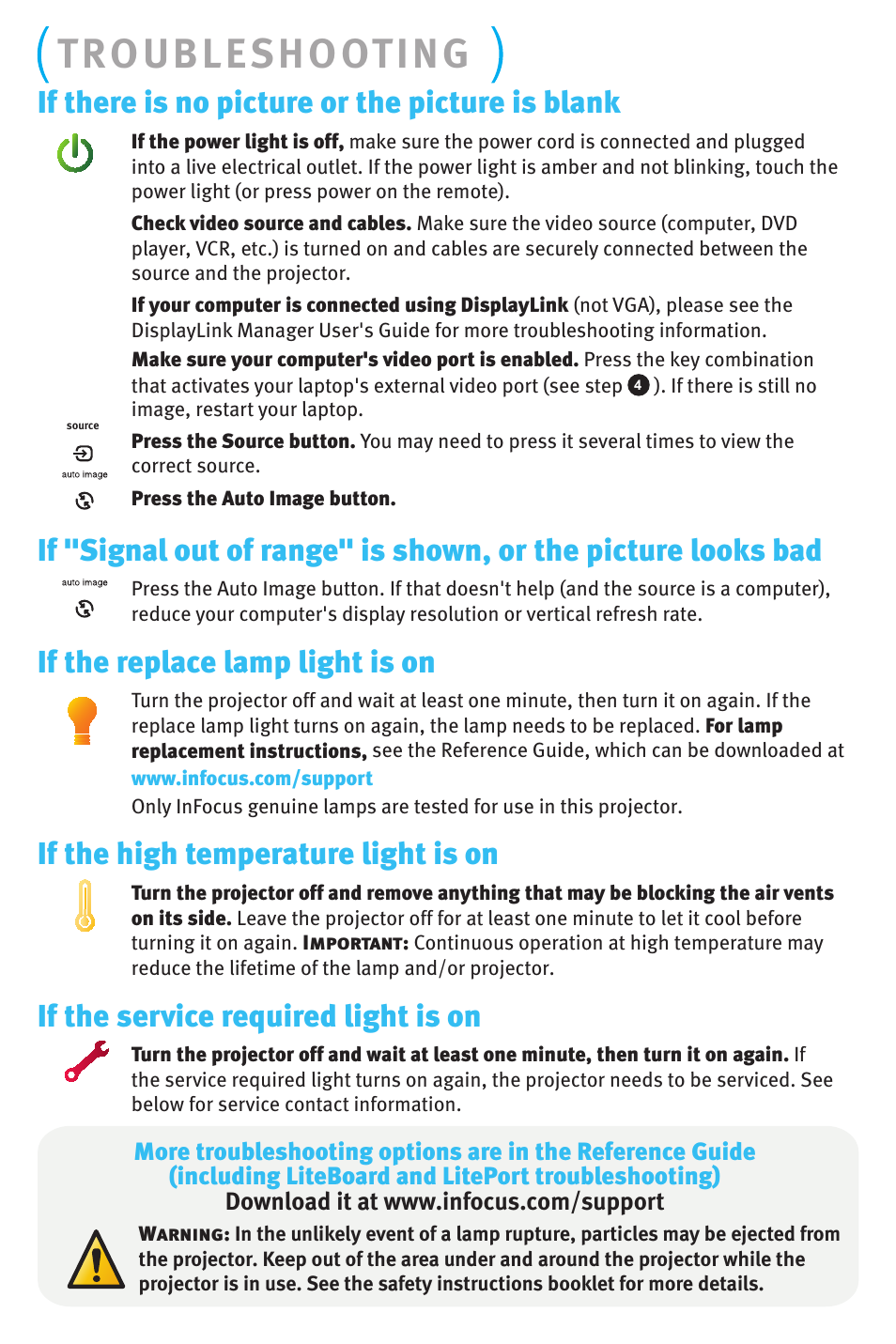 Troubleshooting, If there is no picture or the picture is blank, If the replace lamp light is on | If the high temperature light is on, If the service required light is on | InFocus DISPLAY LINK W3902 User Manual | Page 7 / 8