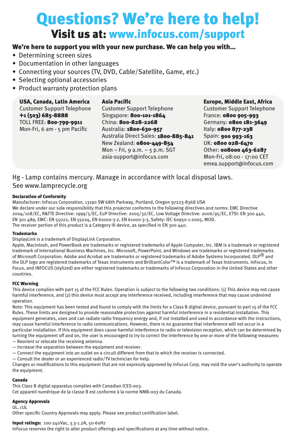 Questions? we’re here to help | InFocus DISPLAY LINK W3902 User Manual | Page 8 / 8