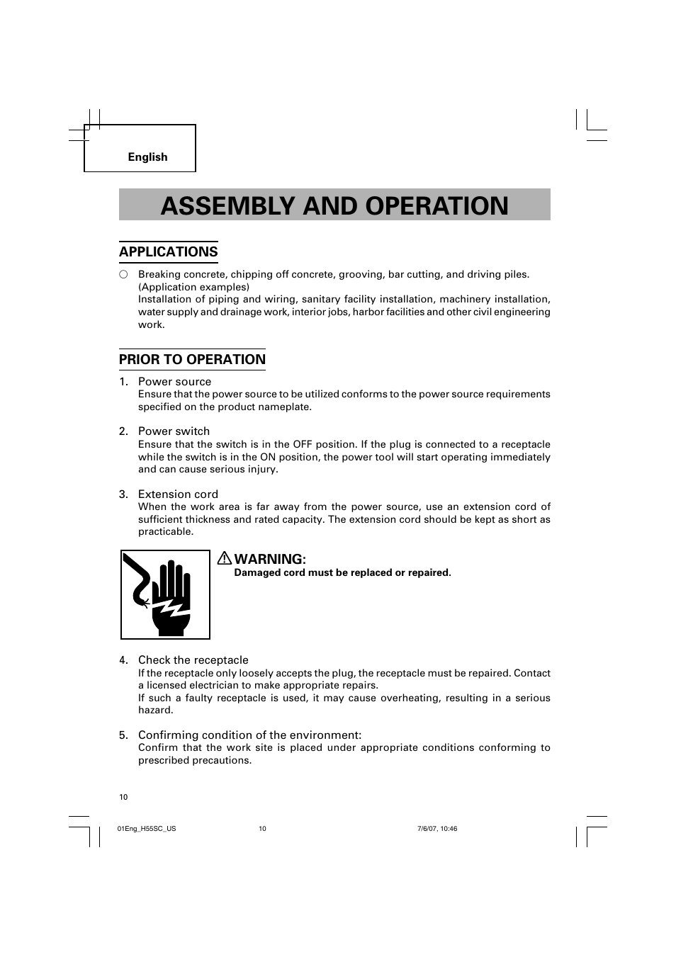 Assembly and operation, Applications, Prior to operation | Warning | InFocus H55SC User Manual | Page 10 / 48