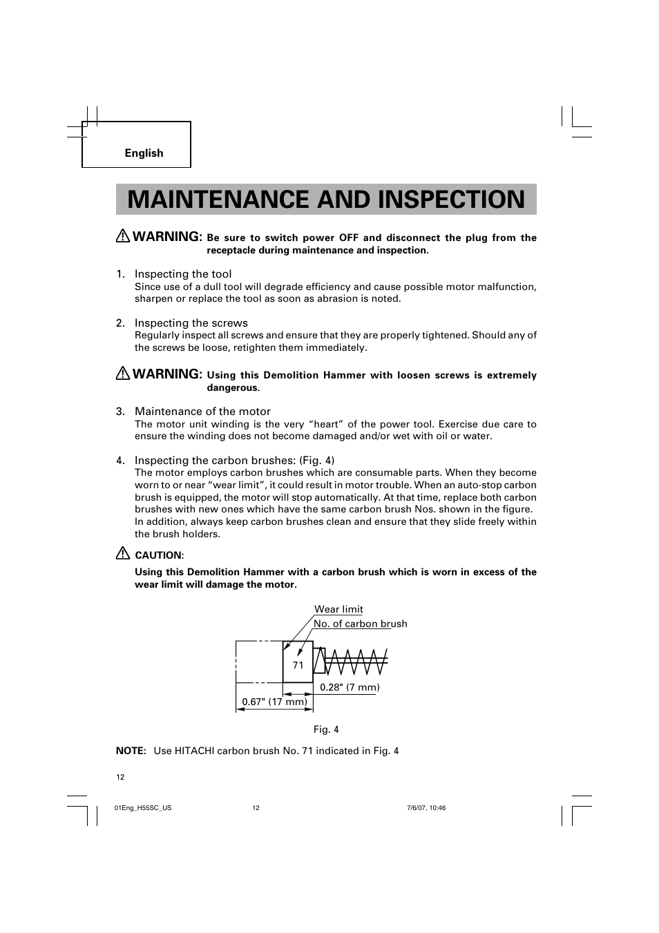 Maintenance and inspection, Warning | InFocus H55SC User Manual | Page 12 / 48