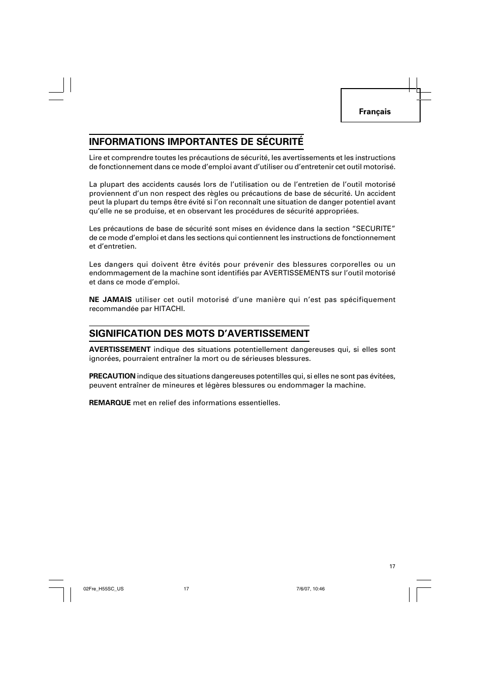 Informations importantes de sécurité, Signification des mots d’avertissement | InFocus H55SC User Manual | Page 17 / 48