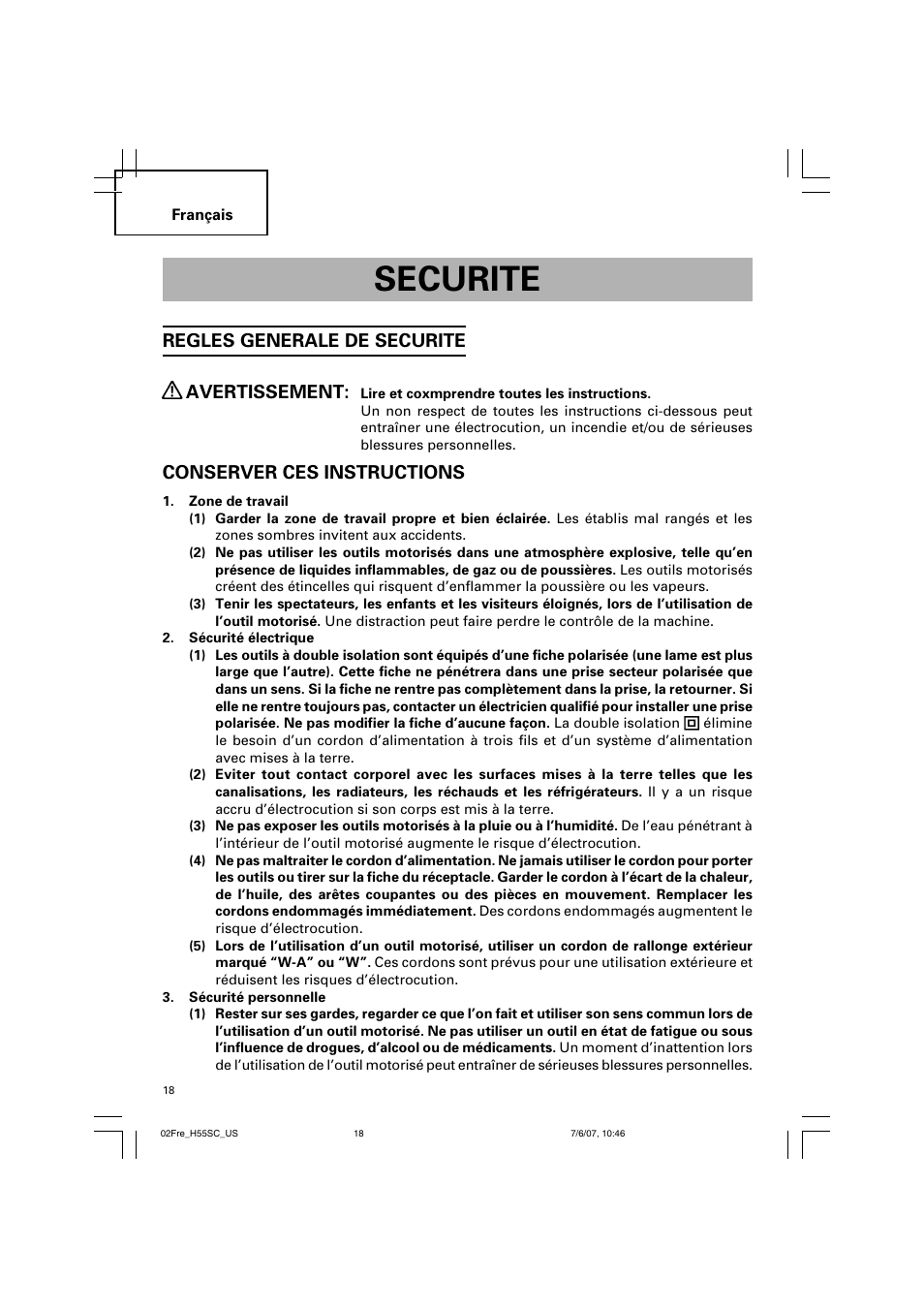 Securite, Regles generale de securite avertissement, Conserver ces instructions | InFocus H55SC User Manual | Page 18 / 48