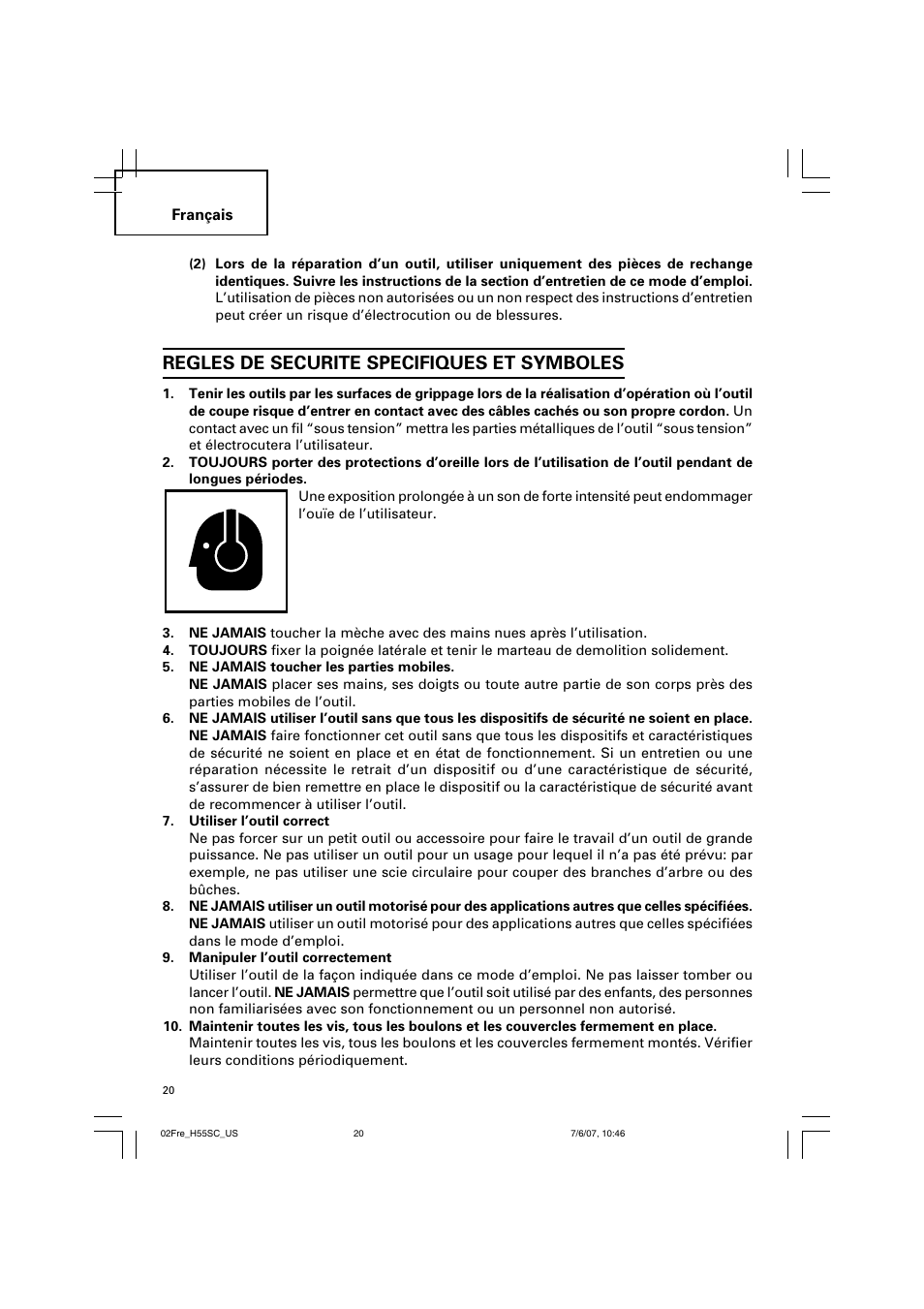 Regles de securite specifiques et symboles | InFocus H55SC User Manual | Page 20 / 48