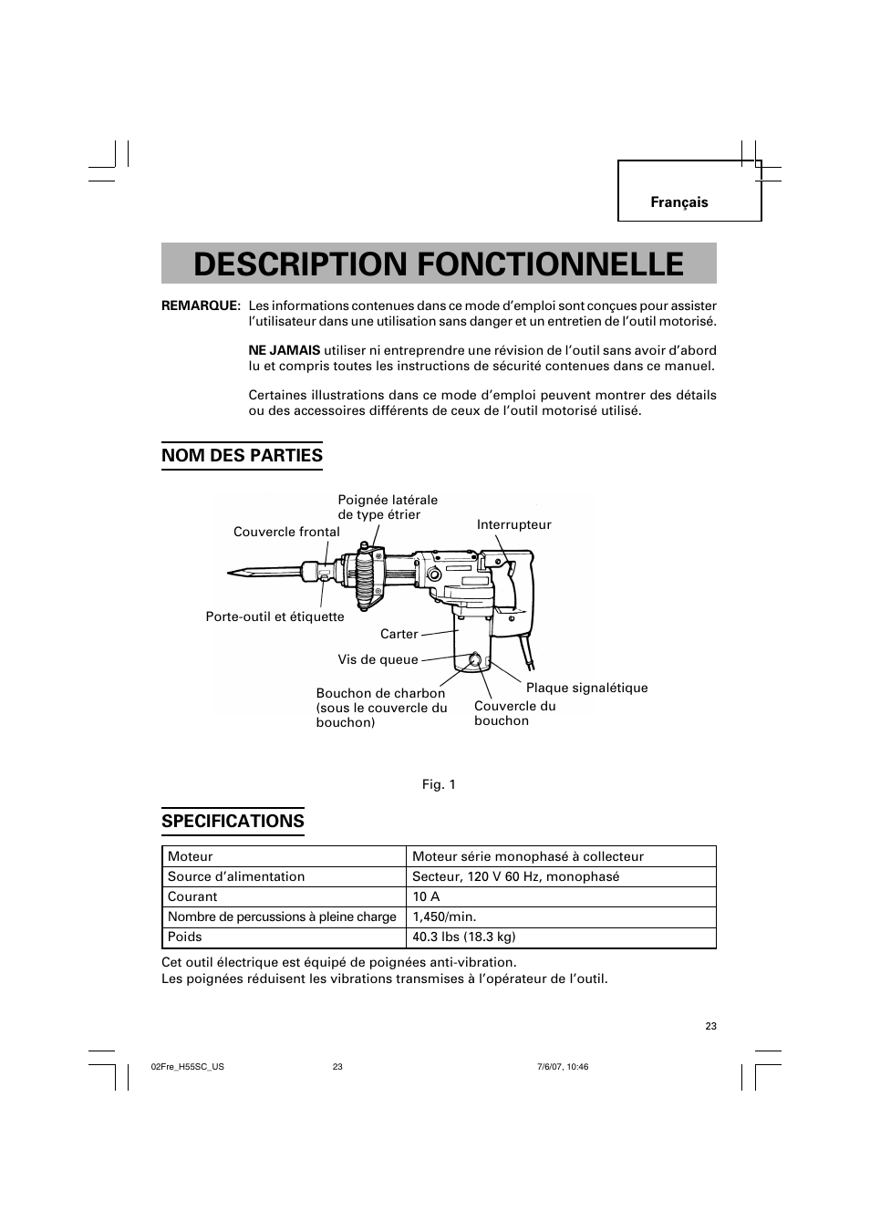 Description fonctionnelle, Nom des parties, Specifications | InFocus H55SC User Manual | Page 23 / 48