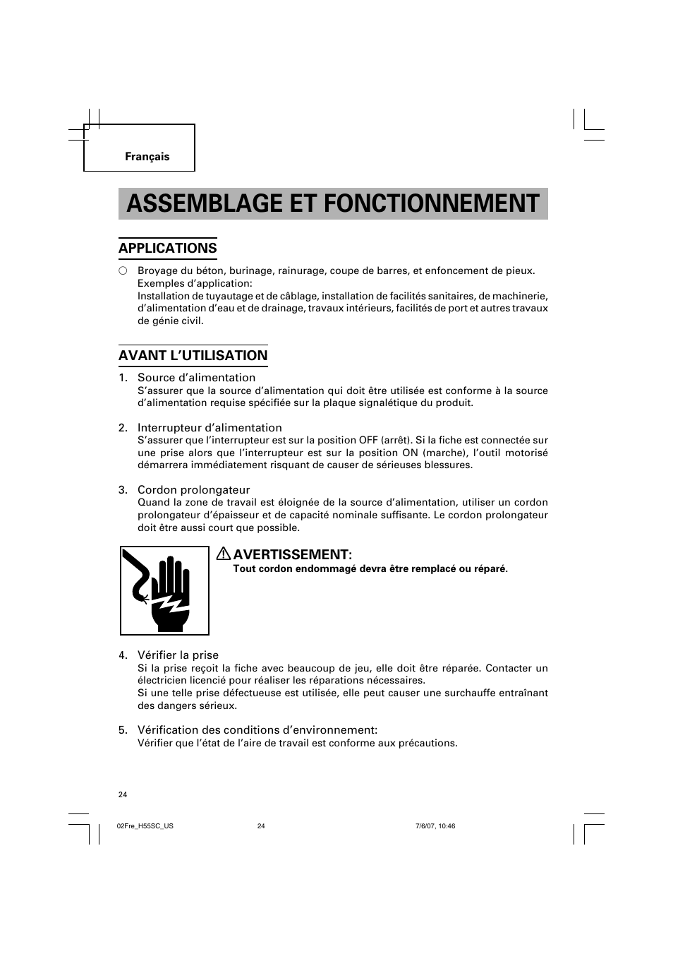 Assemblage et fonctionnement, Applications, Avant l’utilisation | Avertissement | InFocus H55SC User Manual | Page 24 / 48