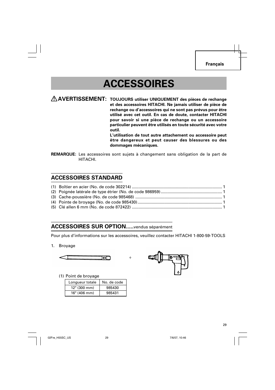 Accessoires, Avertissement, Accessoires standard | Accessoires sur option | InFocus H55SC User Manual | Page 29 / 48