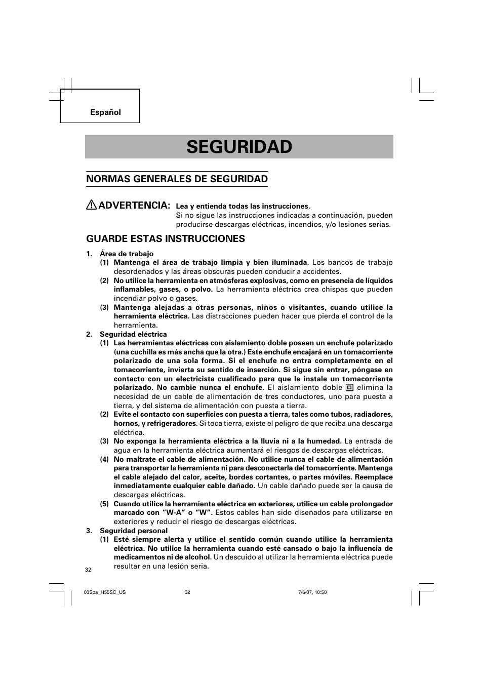 Seguridad, Normas generales de seguridad advertencia, Guarde estas instrucciones | InFocus H55SC User Manual | Page 32 / 48