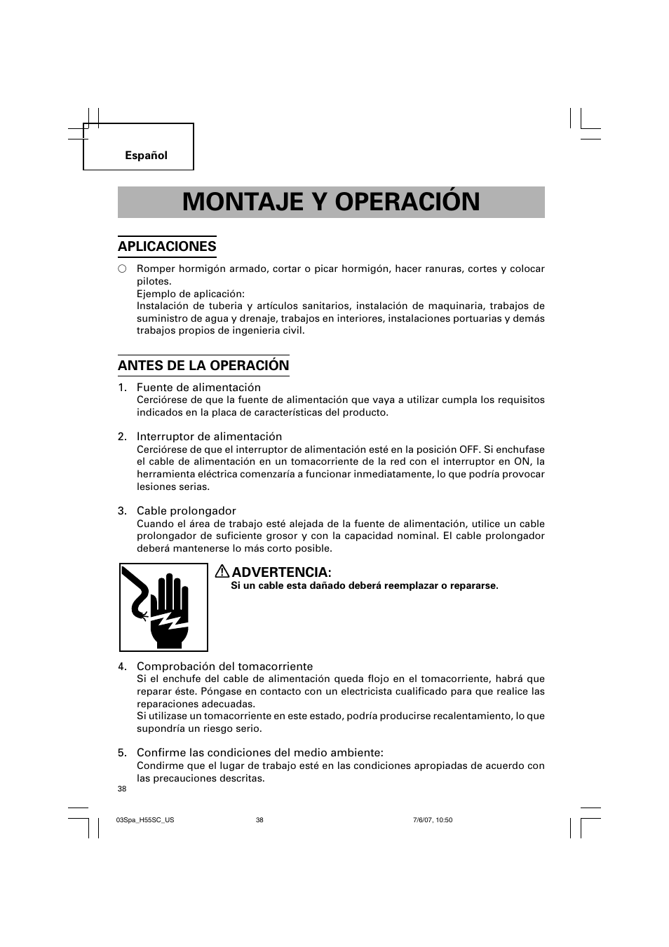 Montaje y operación, Aplicaciones, Antes de la operación | Advertencia | InFocus H55SC User Manual | Page 38 / 48