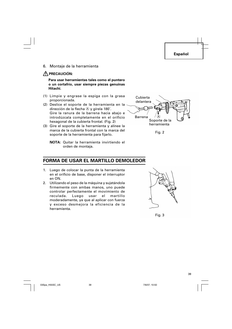 Forma de usar el martillo demoledor | InFocus H55SC User Manual | Page 39 / 48