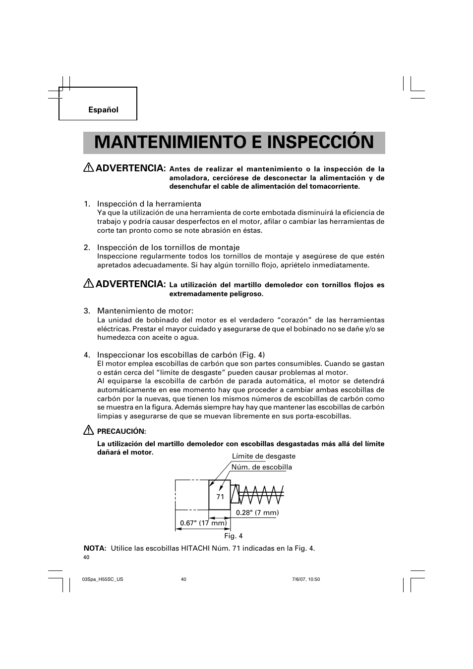 Mantenimiento e inspección, Advertencia | InFocus H55SC User Manual | Page 40 / 48