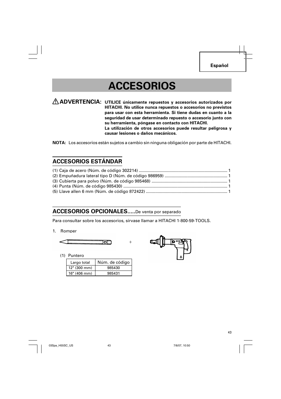 Accesorios, Advertencia, Accesorios estándar | Accesorios opcionales | InFocus H55SC User Manual | Page 43 / 48