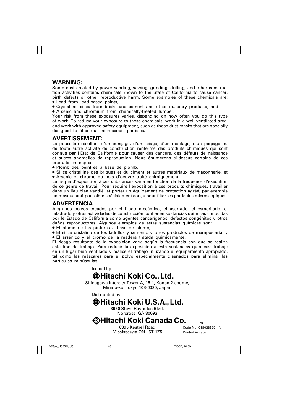 Hitachi koki co., ltd, Hitachi koki u.s.a., ltd, Hitachi koki canada co | Warning, Avertissement, Advertencia | InFocus H55SC User Manual | Page 48 / 48