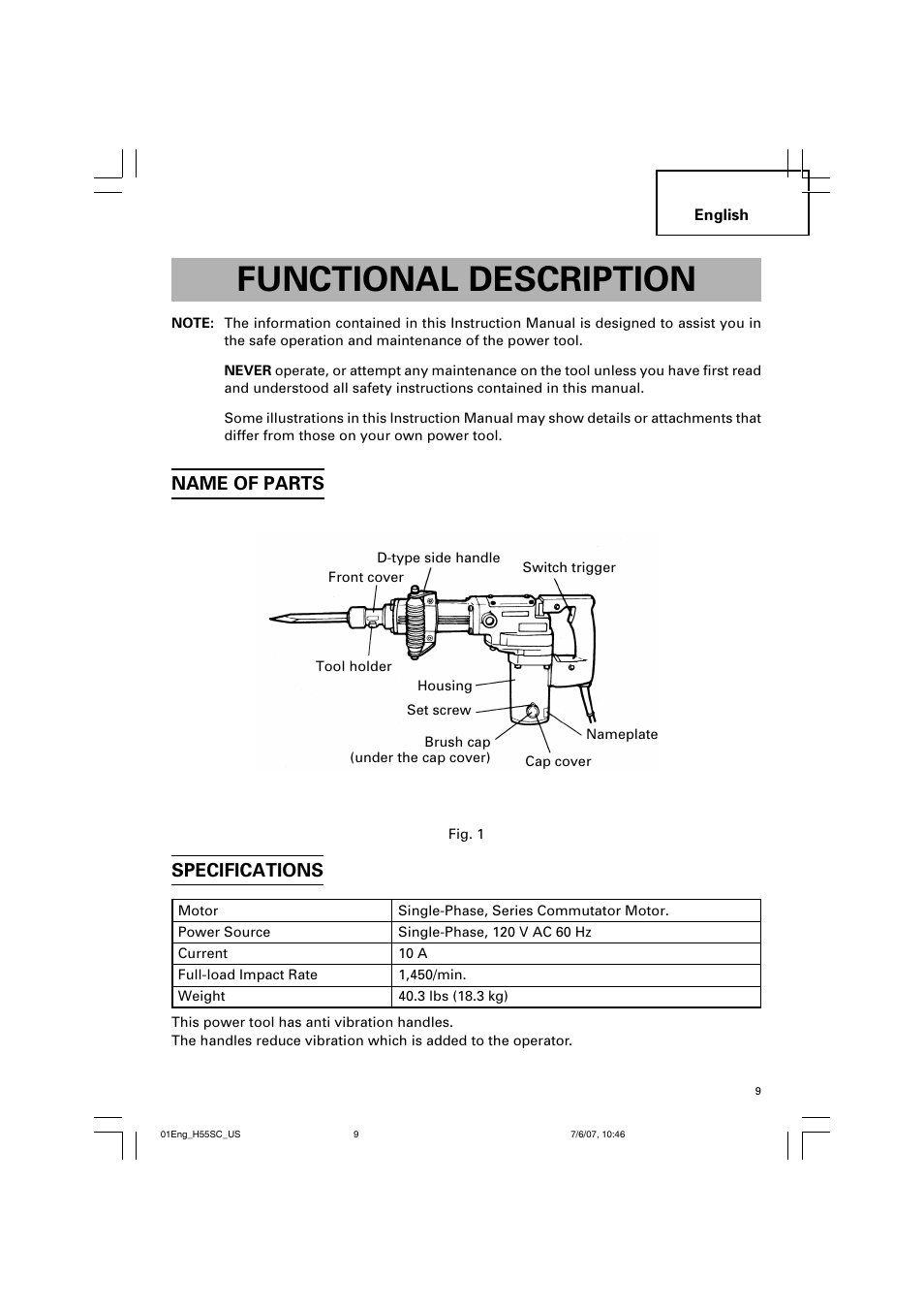 Functional description, Name of parts specifications | InFocus H55SC User Manual | Page 9 / 48