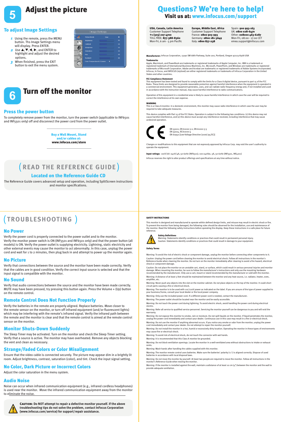 Infocus_chilin_quickstart_en-0125-p2, Turn off the monitor, Adjust the picture | Questions? we’re here to help, Read the reference guide, Troubleshooting | InFocus ST-HB42A User Manual | Page 2 / 2