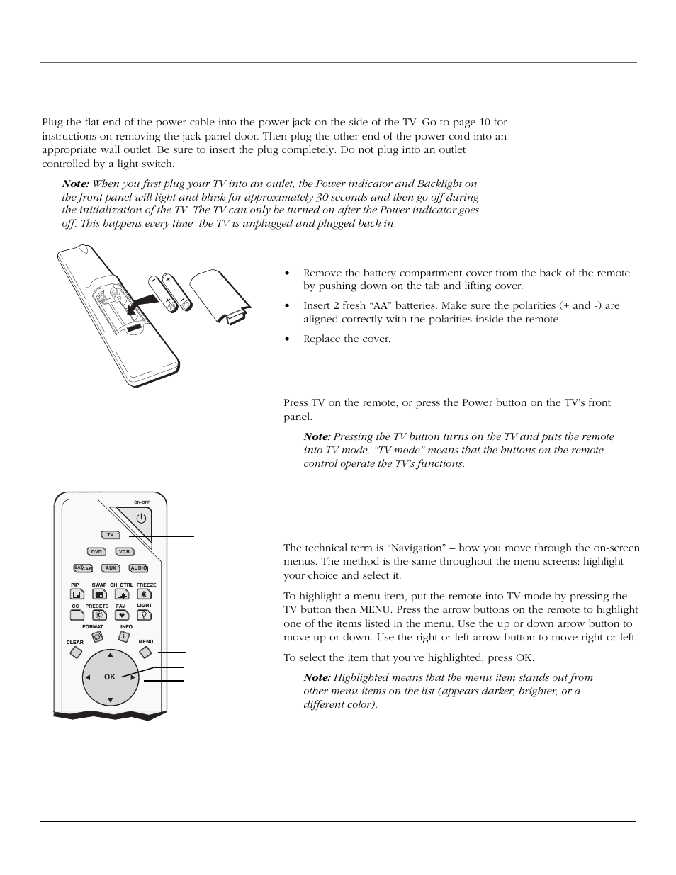 Connections & setup, Plug in the tv, Put batteries in the remote | Turn on the tv, 24 chapter 1 | InFocus 61md10 User Manual | Page 26 / 100