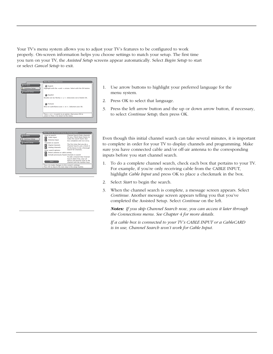 Connections & setup, Complete the assisted setup, Set the menu language | Complete channel search, Chapter 1 25 | InFocus 61md10 User Manual | Page 27 / 100