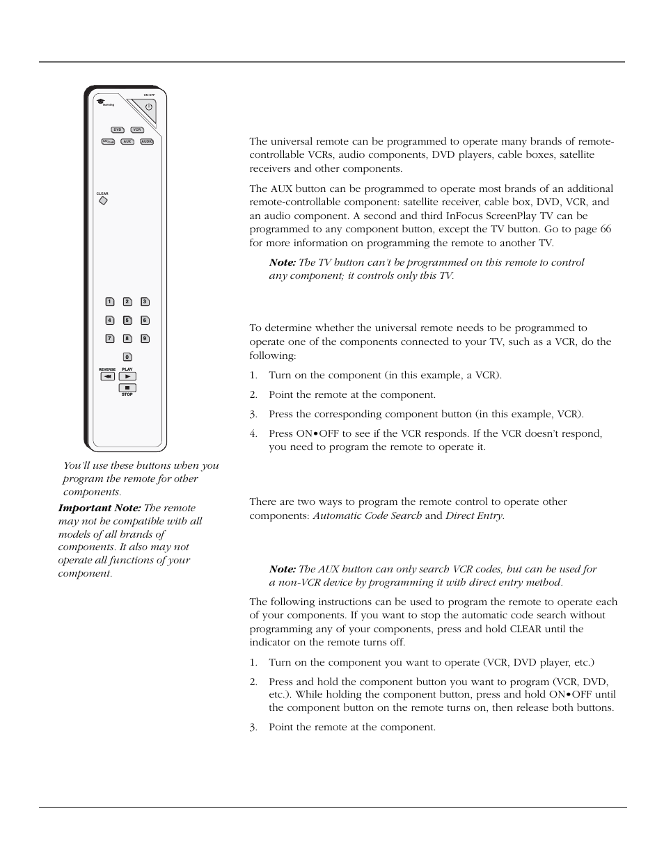 Using the remote control, Programming the remote to operate other components, Find out if you need to program the remote | Programming the remote, 30 chapter 2, Using automatic code search | InFocus 61md10 User Manual | Page 32 / 100