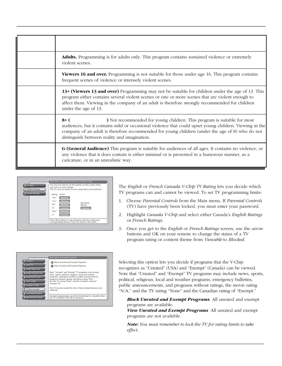 Using the tv’s features, 46 chapter 3 canada v-chip, V-chip unrated program block | InFocus 61md10 User Manual | Page 48 / 100