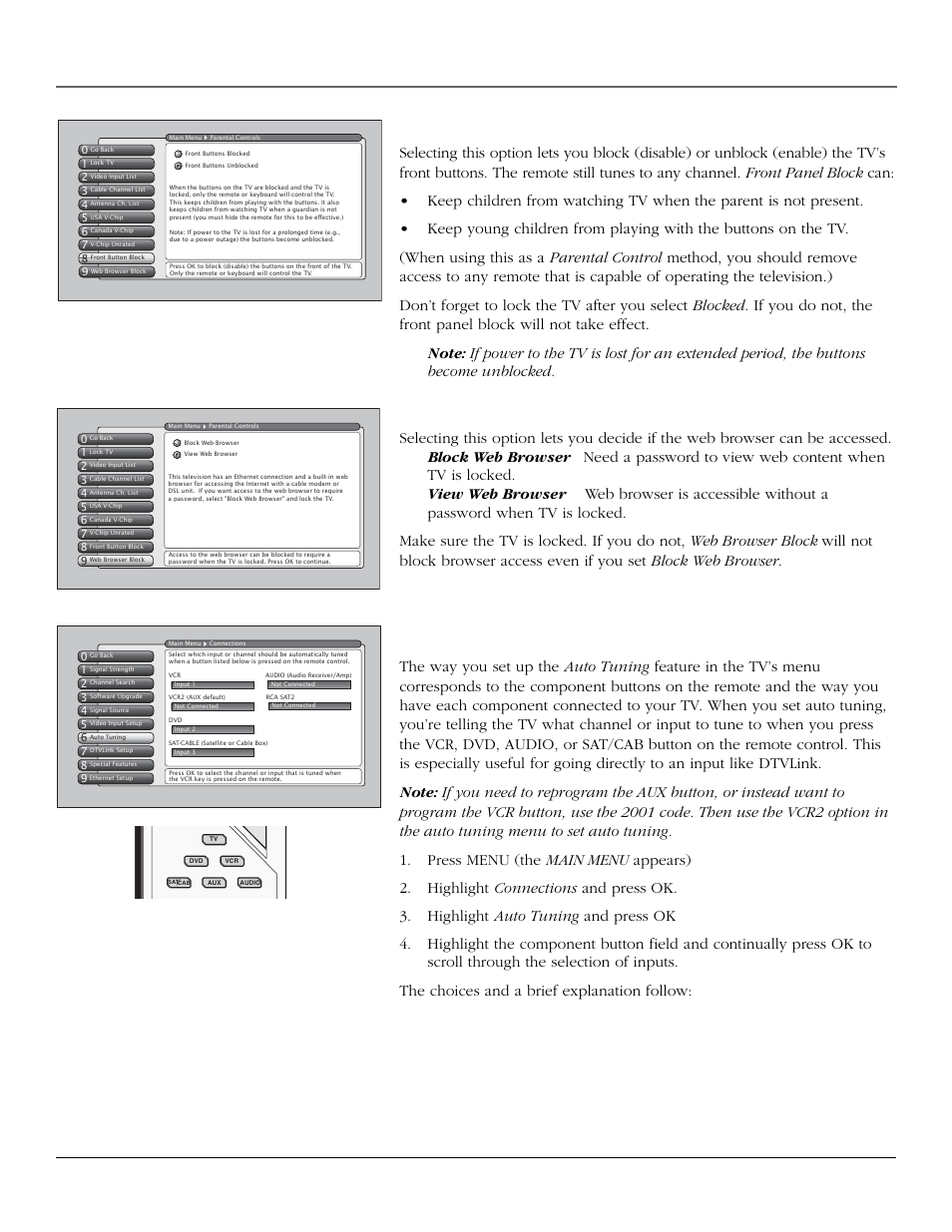 Using the tv’s features, Auto tuning feature, Chapter 3 47 front button block | Web browser block | InFocus 61md10 User Manual | Page 49 / 100