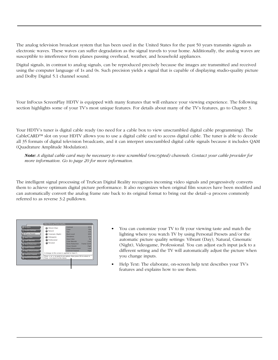 Introduction, Digital signal and sound, Integrated hdtv tuner with digital cable ready qam | Truscan digital reality, Help text | InFocus 61md10 User Manual | Page 5 / 100