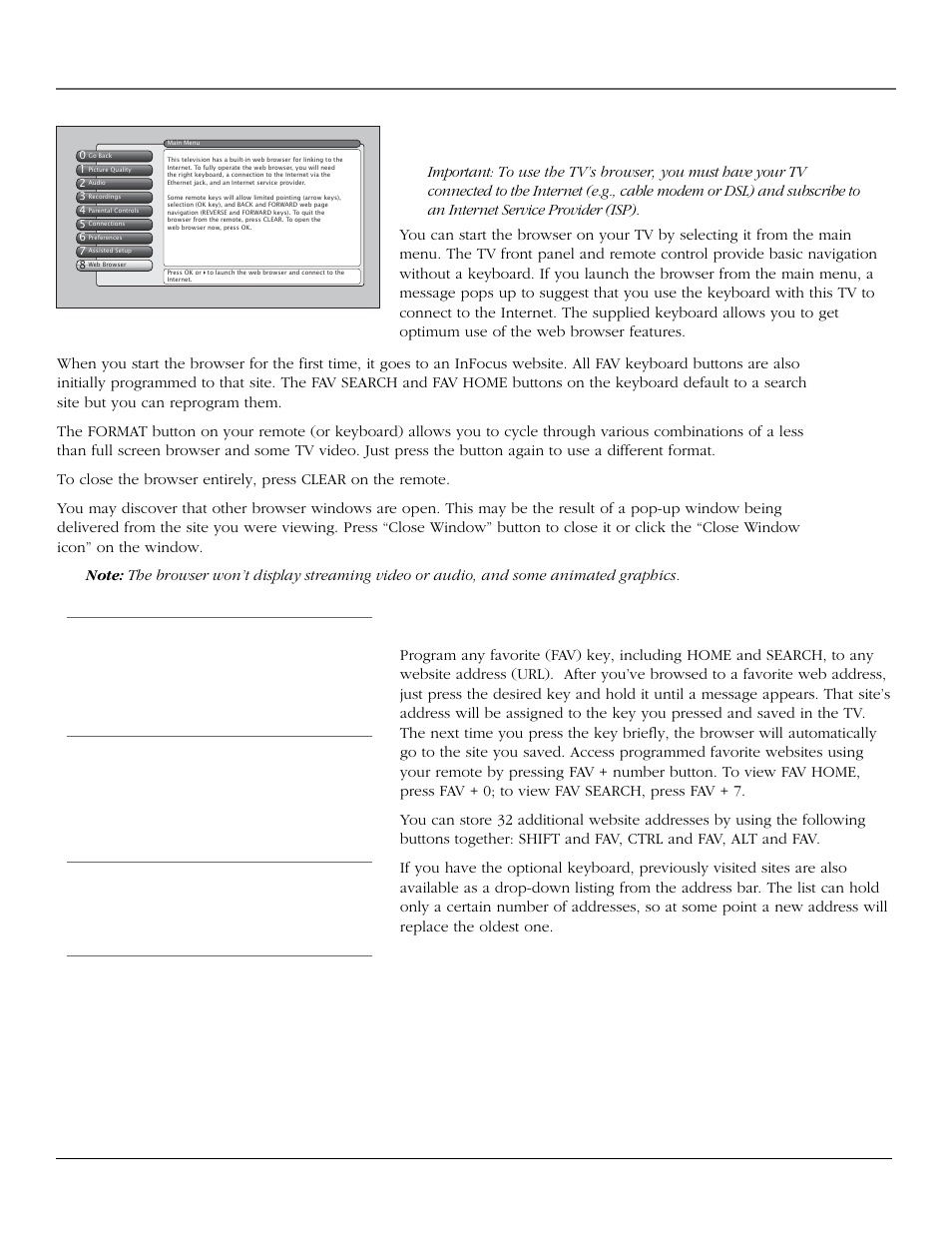 Using the tv’s features, Using the web browser, Saving your favorite web address | 50 chapter 3 | InFocus 61md10 User Manual | Page 52 / 100