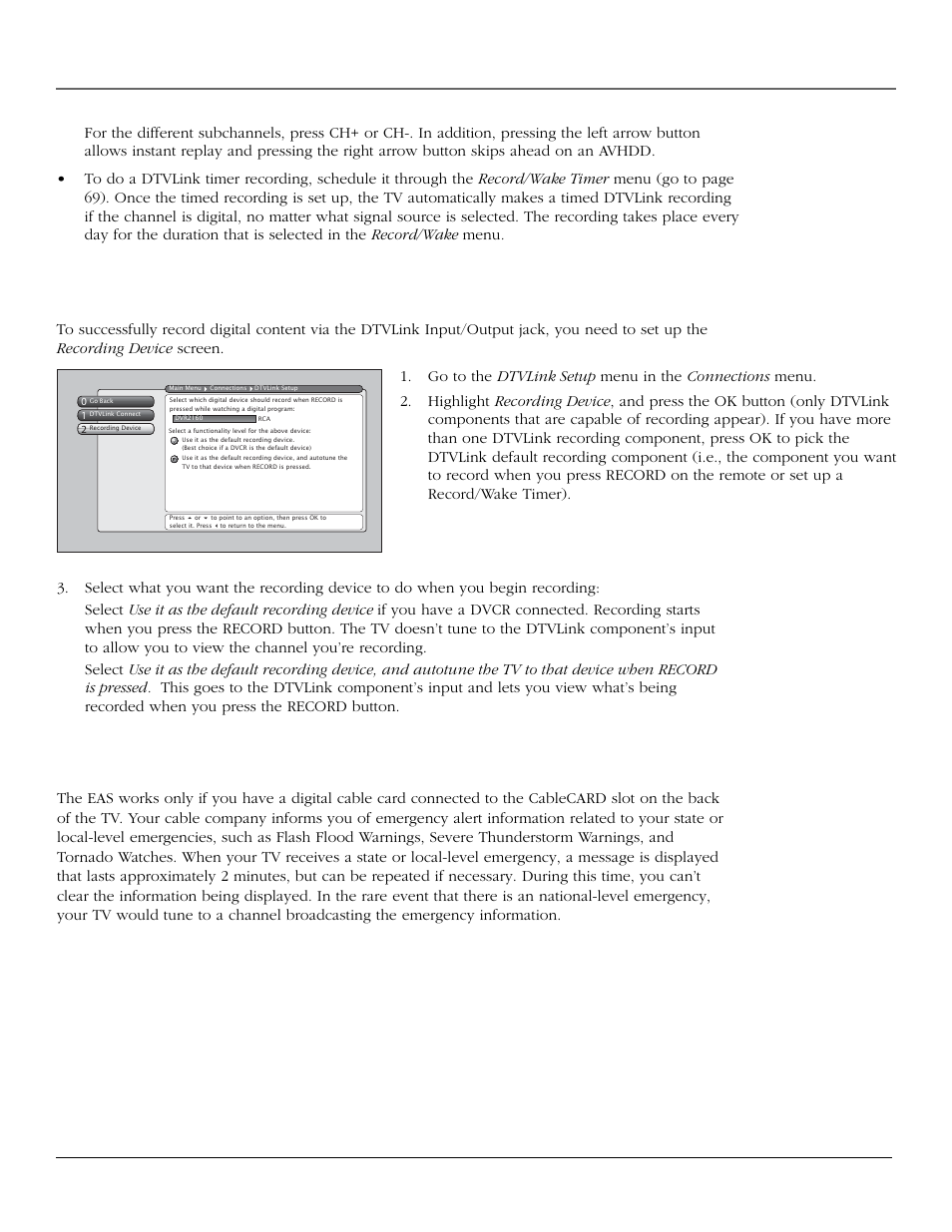 Using the tv’s features, Emergency alert system (eas), Set up dtvlink recording preferences | 52 chapter 3 | InFocus 61md10 User Manual | Page 54 / 100