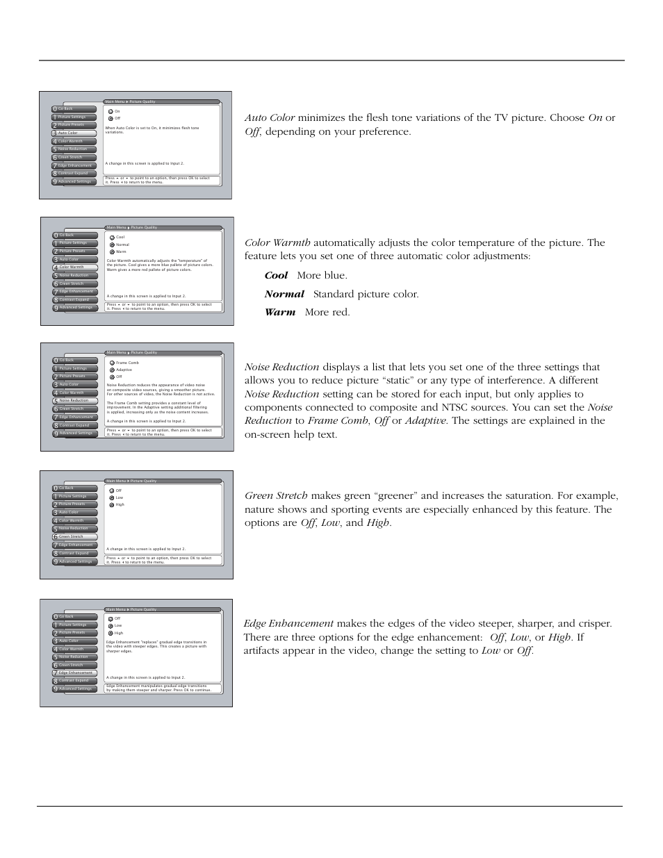 Using the tv’s menu system, Color warmth, Noise reduction | Auto color, Green stretch, Edge enhancement, Chapter 4 57 | InFocus 61md10 User Manual | Page 59 / 100