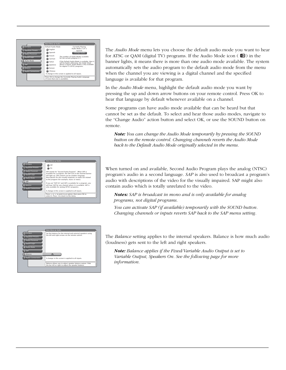 Using the tv’s menu system, Audio mode, Sap (second audio program) | Balance, Chapter 4 61 | InFocus 61md10 User Manual | Page 63 / 100