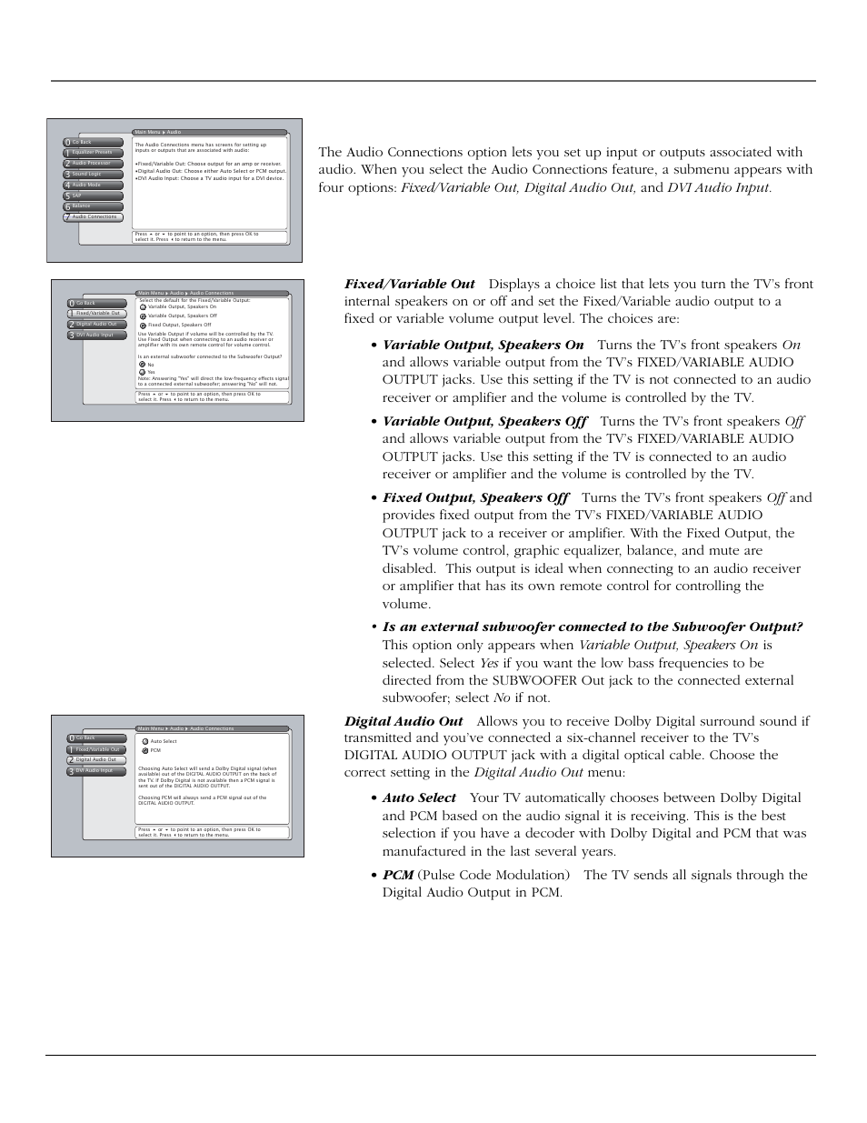 Using the tv’s menu system, Audio connections, 62 chapter 4 | InFocus 61md10 User Manual | Page 64 / 100