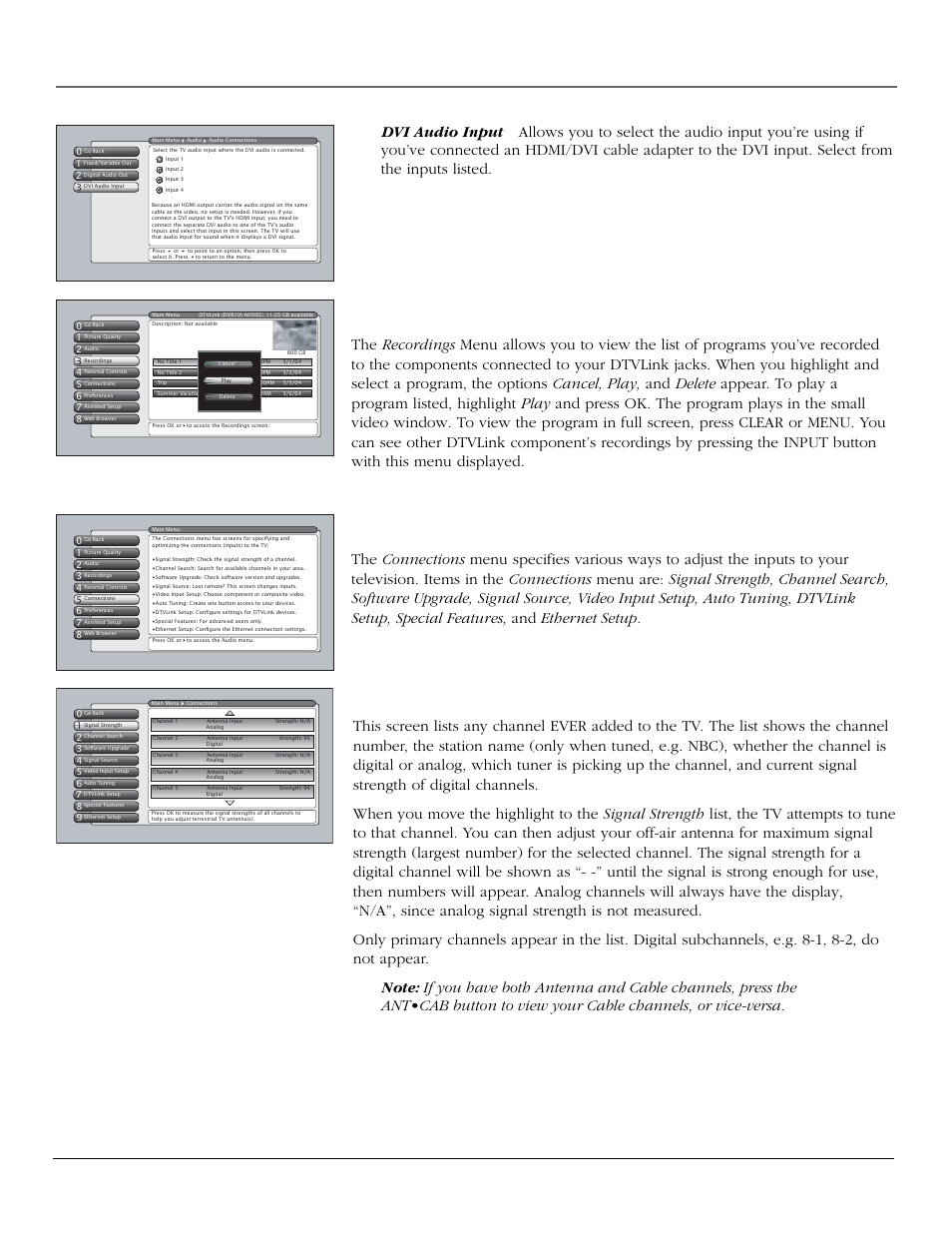 Using the tv’s menu system, Recordings menu, Connections menu | Signal strength, Chapter 4 63 | InFocus 61md10 User Manual | Page 65 / 100