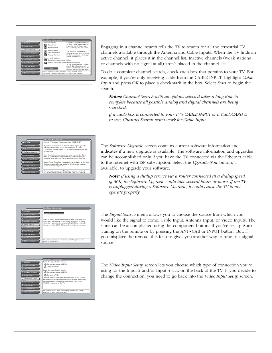 Using the tv’s menu system, Channel search, Software upgrade | Signal source, Video input setup, 64 chapter 4 | InFocus 61md10 User Manual | Page 66 / 100