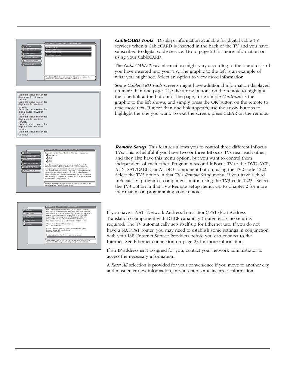 Using the tv’s menu system, Ethernet setup, 66 chapter 4 | InFocus 61md10 User Manual | Page 68 / 100