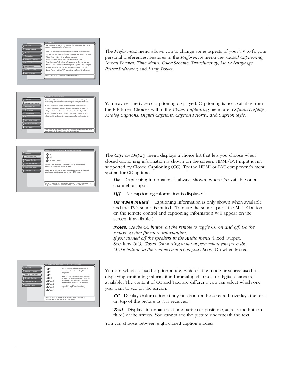 Using the tv’s menu system preferences menu, Closed captioning, Chapter 4 67 | Caption display, Analog captions, Continued on next page) | InFocus 61md10 User Manual | Page 69 / 100