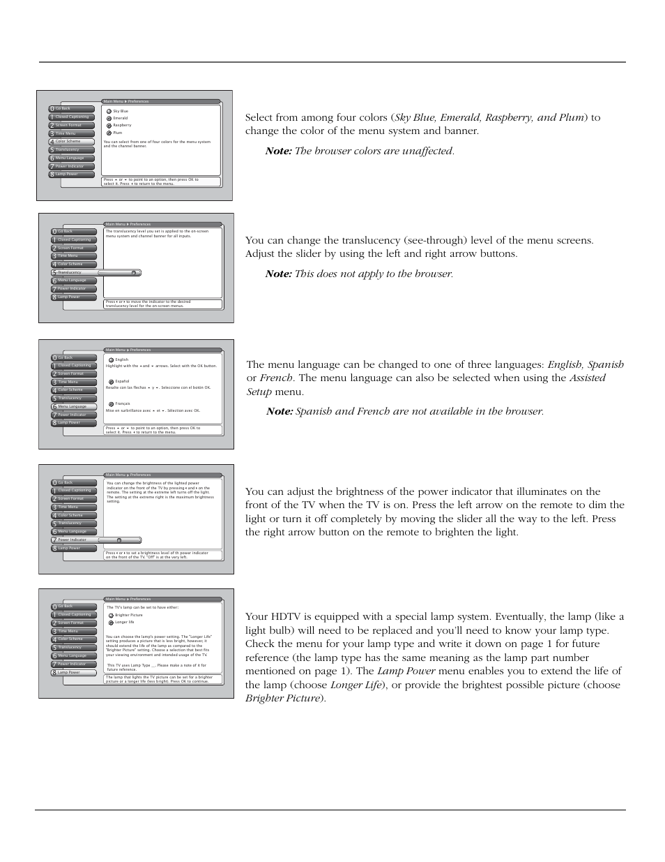 Using the tv’s menu system, Color scheme, Translucency | Menu language, Power indicator, Lamp power, 70 chapter 4 | InFocus 61md10 User Manual | Page 72 / 100