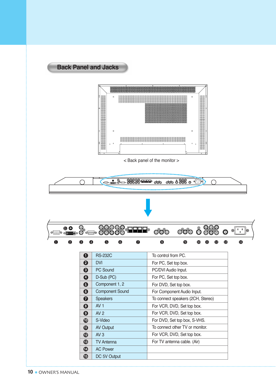 Viewing the connecting panel, Back panel and jacks | InFocus TD40 NTSC User Manual | Page 11 / 53