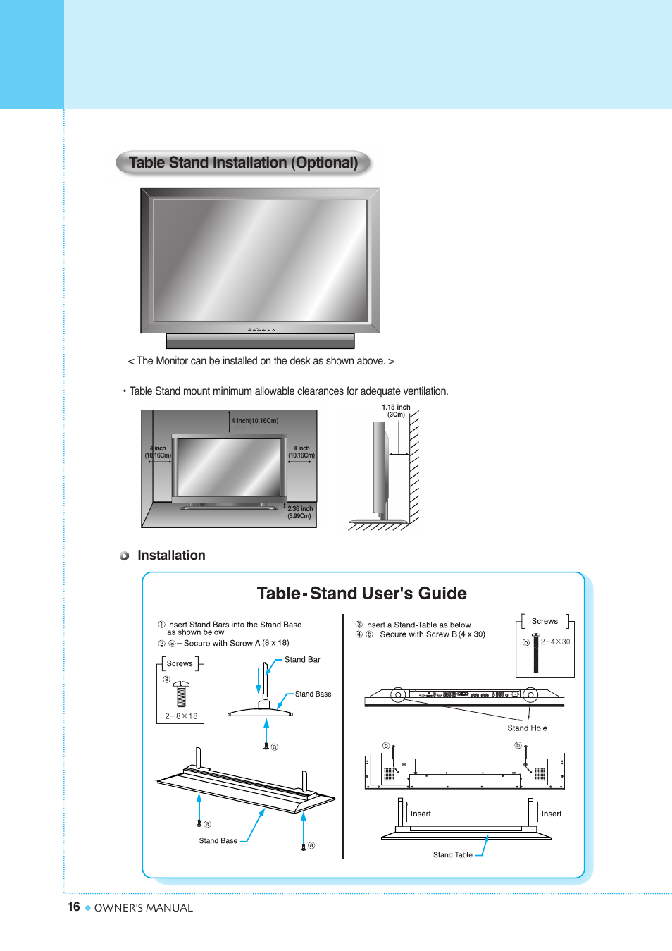 Installation, Table stand installation (optional) | InFocus TD40 NTSC User Manual | Page 17 / 53