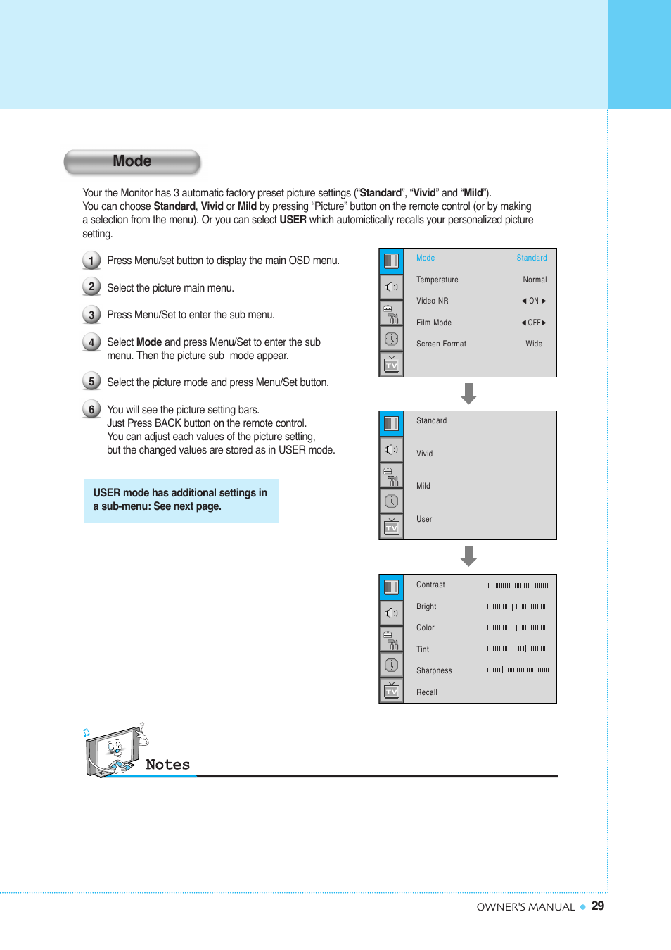 Setting the picture, Mode | InFocus TD40 NTSC User Manual | Page 30 / 53