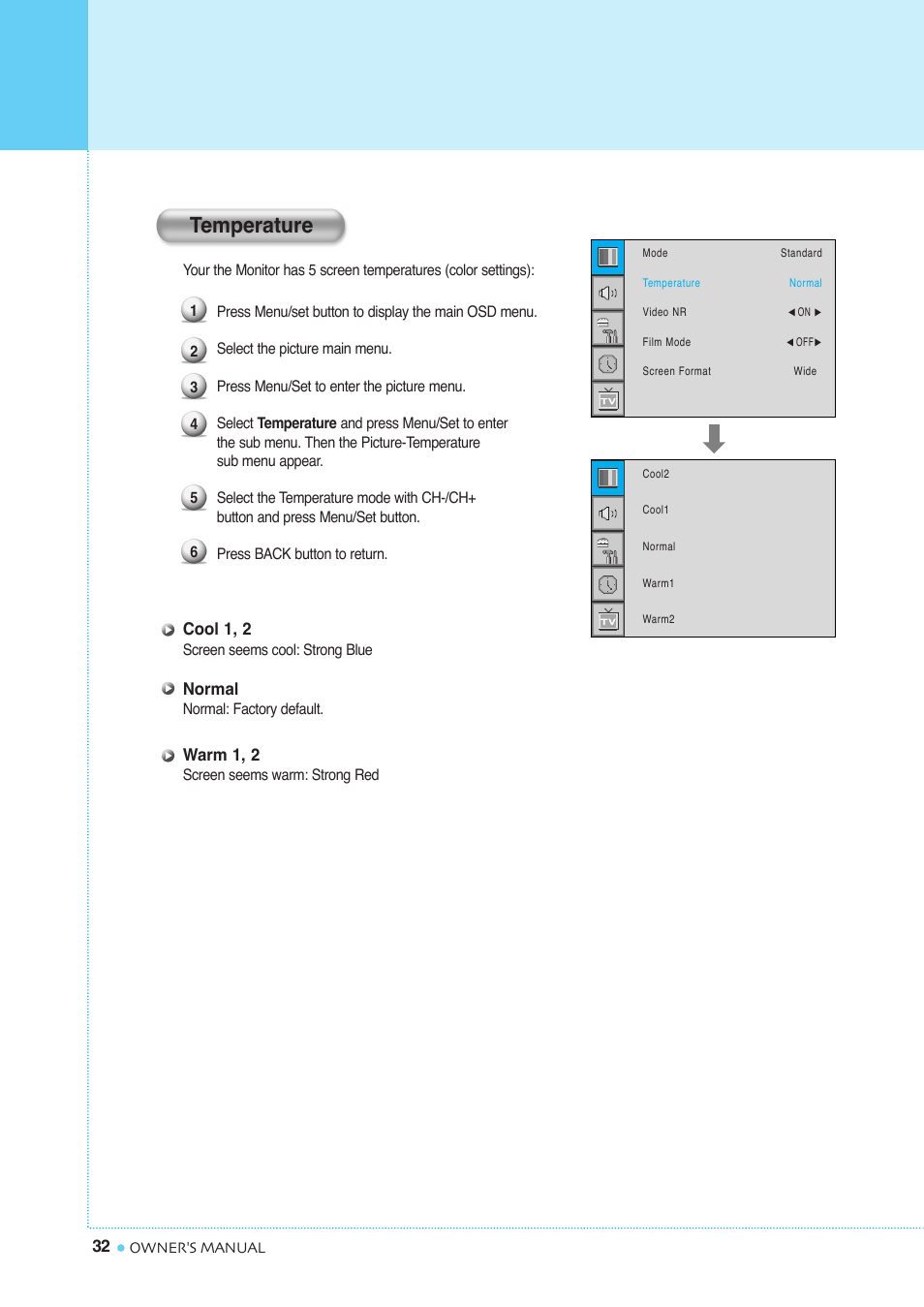 Setting the picture, Temperature | InFocus TD40 NTSC User Manual | Page 33 / 53