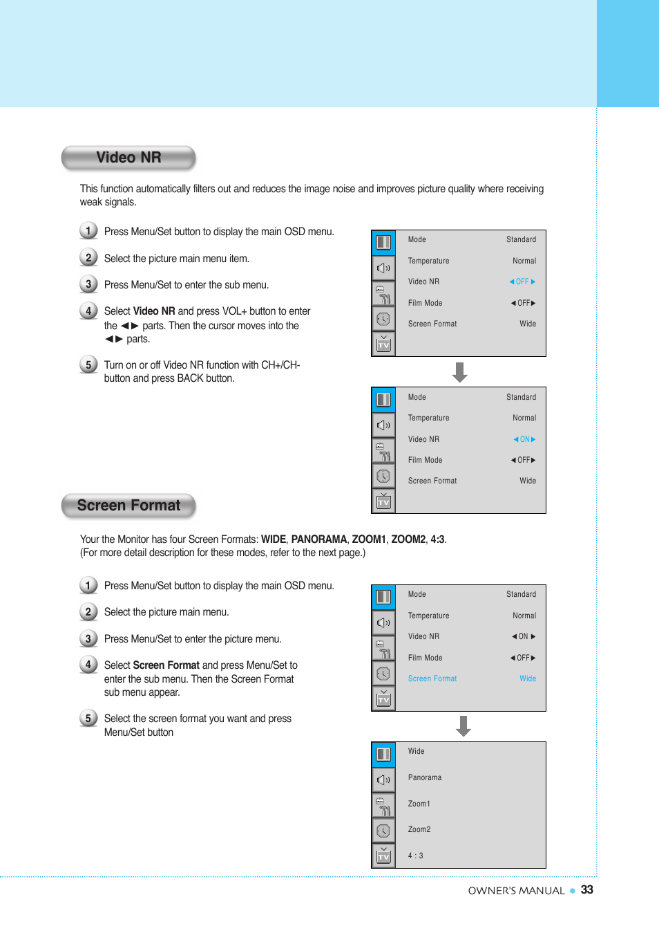 Setting the picture, Video nr screen format | InFocus TD40 NTSC User Manual | Page 34 / 53