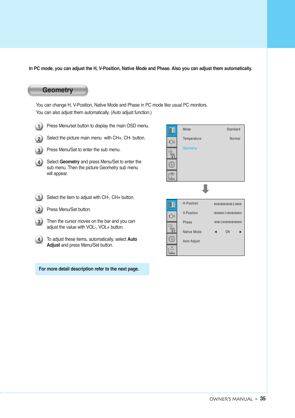 Setting the picture ( pc ), Geometry | InFocus TD40 NTSC User Manual | Page 36 / 53