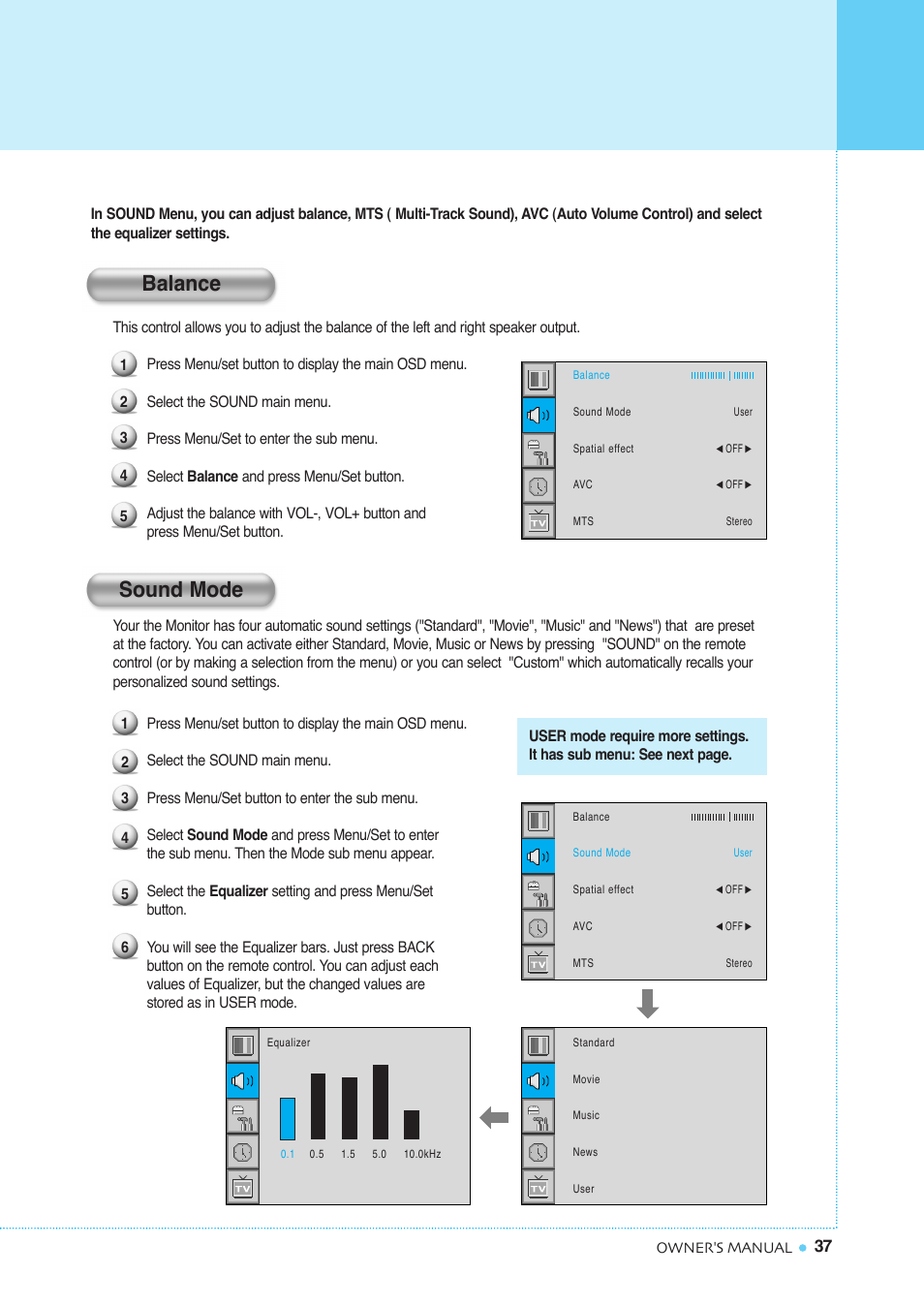 Setting the sound, Balance sound mode | InFocus TD40 NTSC User Manual | Page 38 / 53