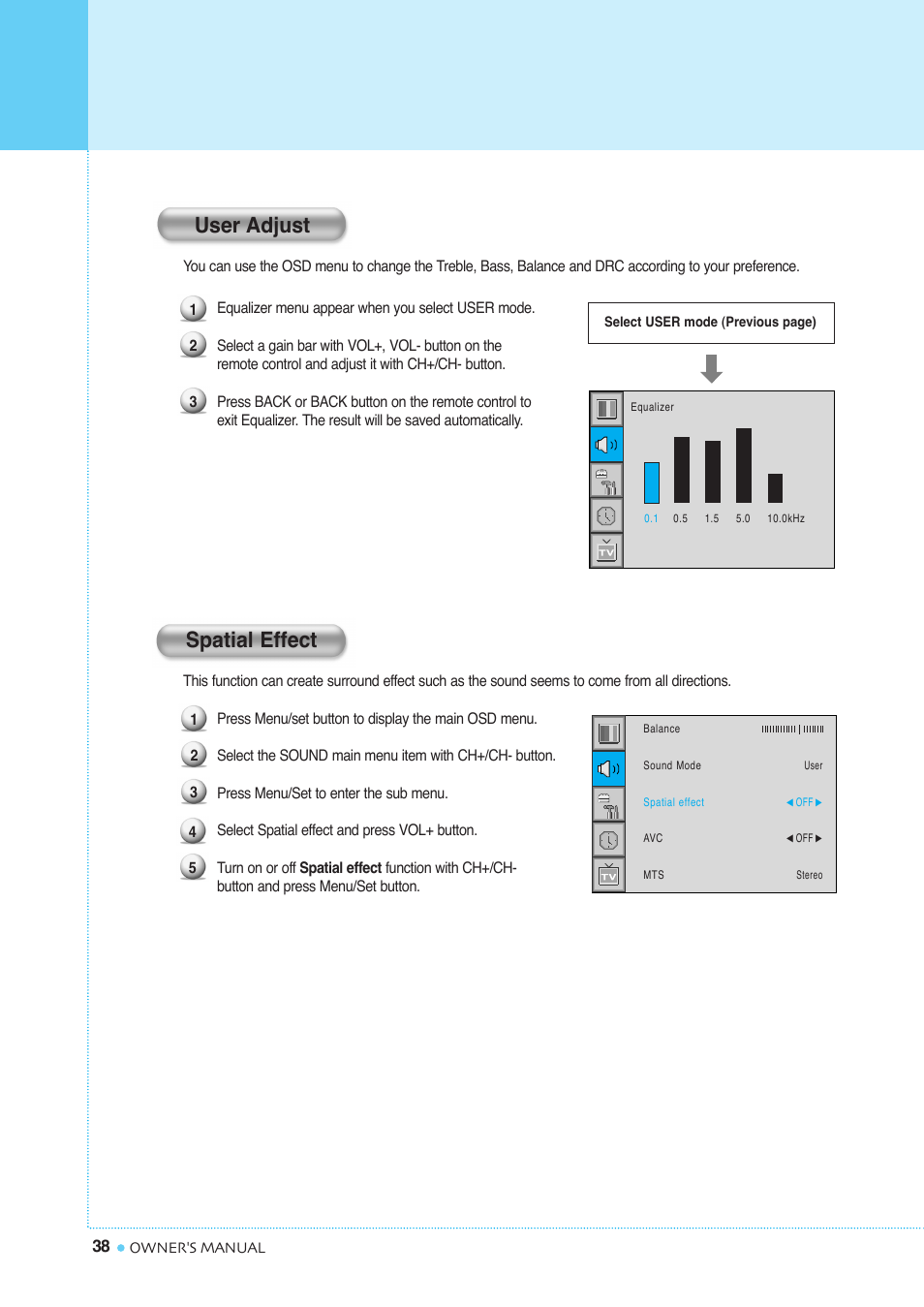 Setting the sound, Spatial effect, User adjust | InFocus TD40 NTSC User Manual | Page 39 / 53