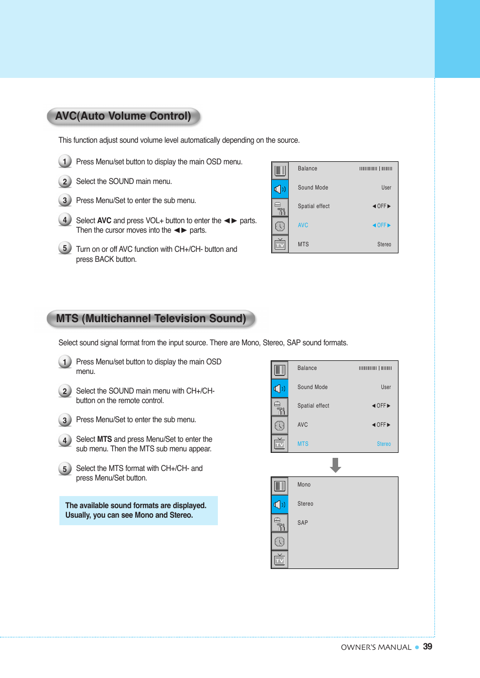 Setting the sound, Mts (multichannel television sound), Avc(auto volume control) | InFocus TD40 NTSC User Manual | Page 40 / 53