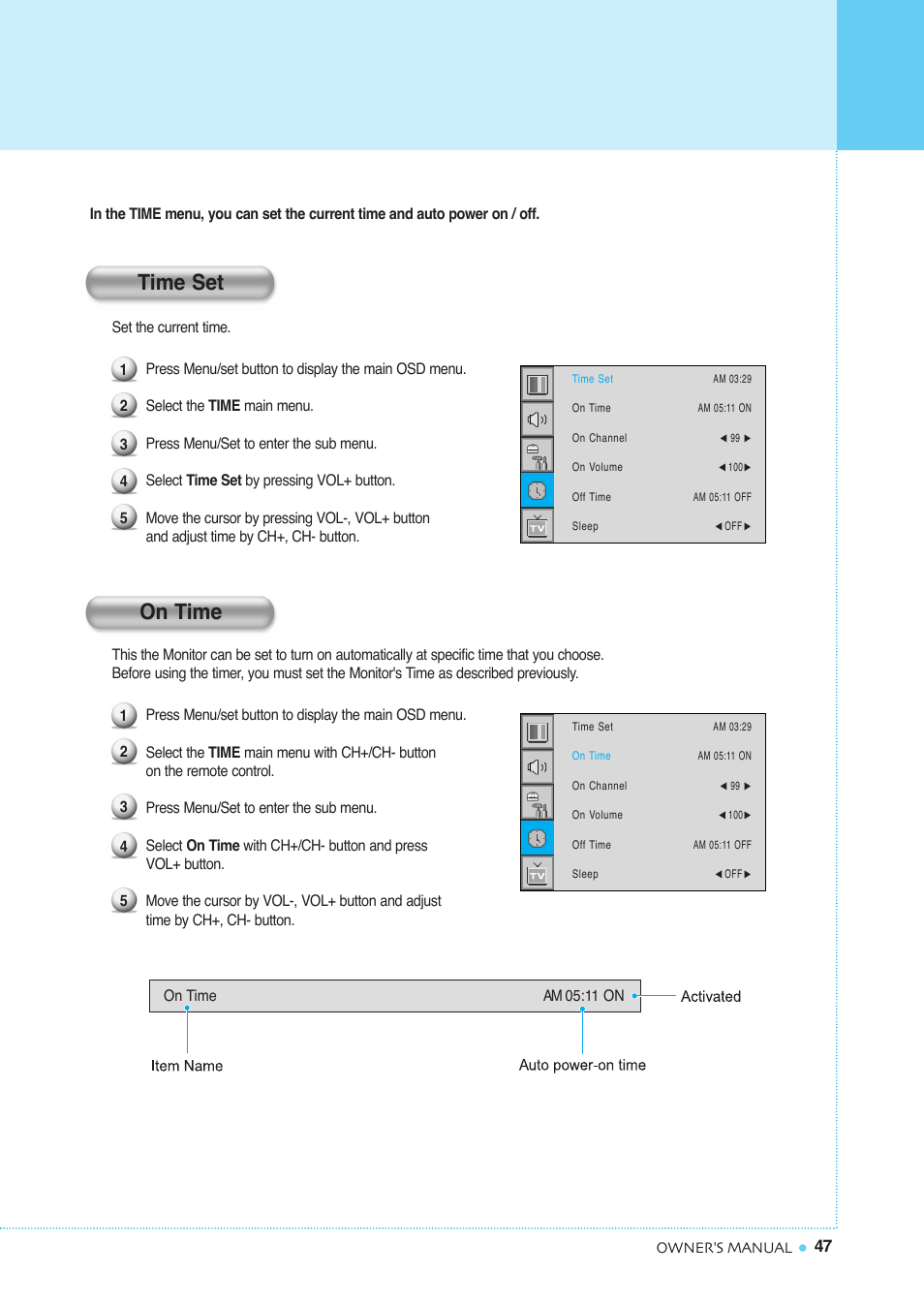 Setting the time, Time set on time | InFocus TD40 NTSC User Manual | Page 48 / 53