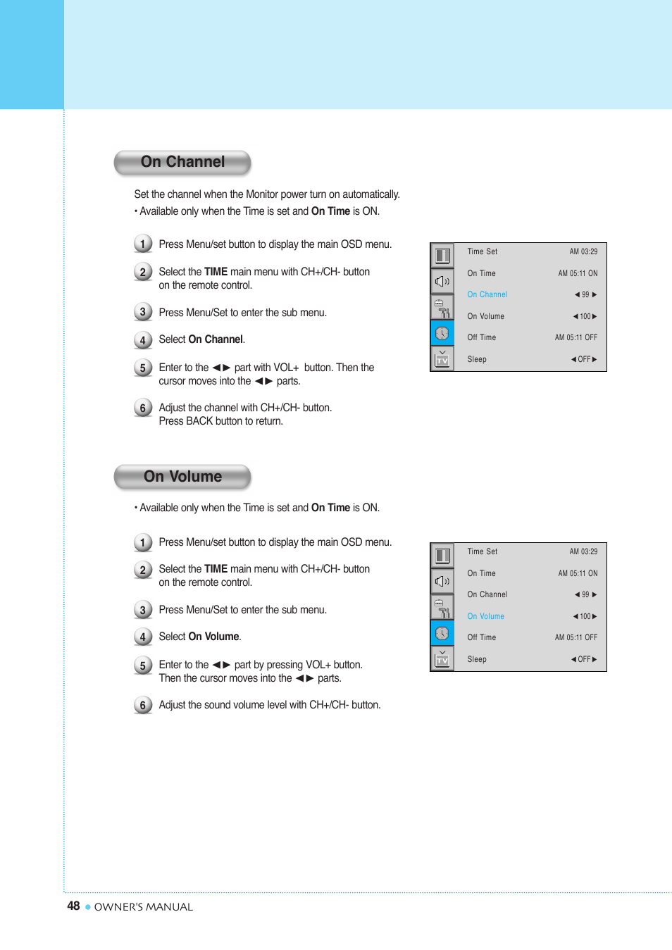 Setting the time, On channel on volume | InFocus TD40 NTSC User Manual | Page 49 / 53