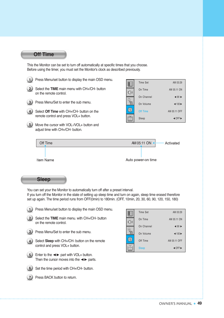 Setting the time, Off time sleep | InFocus TD40 NTSC User Manual | Page 50 / 53